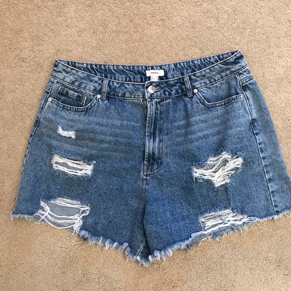 Forever 21 Plus Distressed Denim Shorts Womens Plus Size 14 Blue High Waist